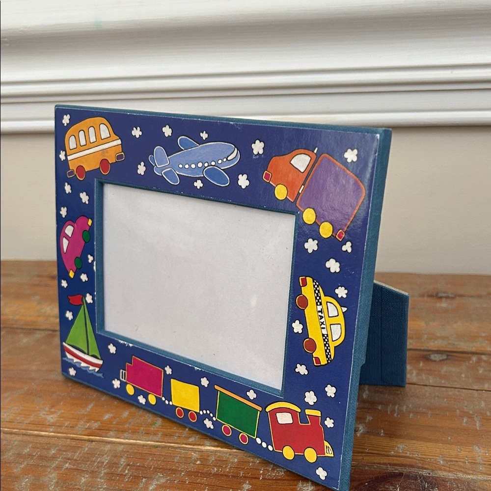 Vintage canvas kids picture frame blue vehicles trains planes cars bus 4x6